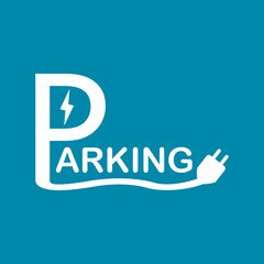 White parking with cable and plug concept eco electric car (EV car) charging on blue background sign icon flat vector design.