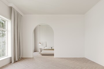 White classic room with an archway for the entrance. Bedroom, coffee table in the background. Mockup for furniture or product presentation