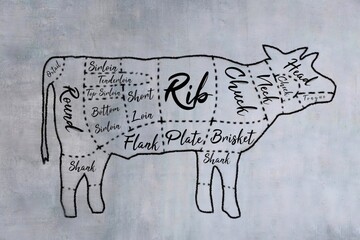 Hand drawn image of butcher beef cuts diagram on chalkboard.