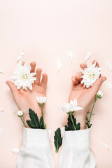 Creative image of beautiful groomed female hands with white summer flowers, isolated on pastel pink color background wall in minimalist style. Concept template feminine blog, social media, beauty