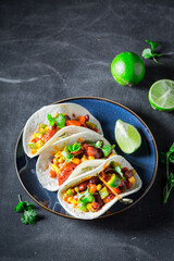 Healthy and tasty tacos as small colorful appetizer.
