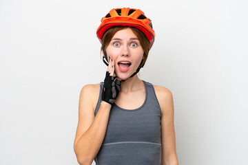 Young cyclist English woman isolated on white background with surprise and shocked facial expression