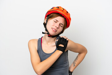 Young cyclist English woman isolated on white background suffering from pain in shoulder for having made an effort