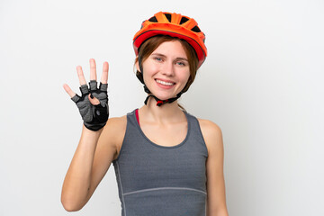 Young cyclist English woman isolated on white background happy and counting four with fingers
