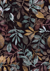 watercolor hand painted leaves and branches. seamless pattern on a dark background. - 503090992