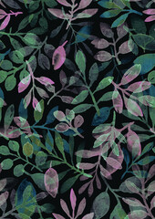 watercolor hand painted leaves and branches. seamless pattern on a black background - 503091145