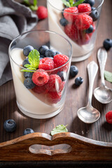 Delicious and cold Panna Cotta served with berries in glass.