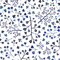 watercolor hand painting blue leaves and twigs. seamless pattern - 503091743