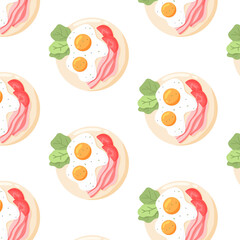 Pattern with fried eggs. Seamless pattern with scrambled eggs and bacon on a plate. Vector illustration in cartoon style.