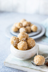 Traditional Indian festival sweets with coconut flakes on wooden board, light background. Laddoo or Laddu, Popular sweet snack in India. Vegan sweets.