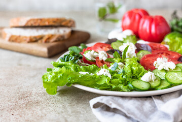 Delicious green salad with salad leaves mix, tomatoes, cucumber, mozzarella and microgreen. Healthy vegetarian dish. The concept of healthy food.