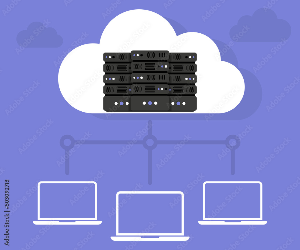 Poster Data Hosting Servers connected to Cloud. Cloud Data storage. Data storage network technology. Online cloud computing. Server cabinets. Memory and information transfer. Security and protection