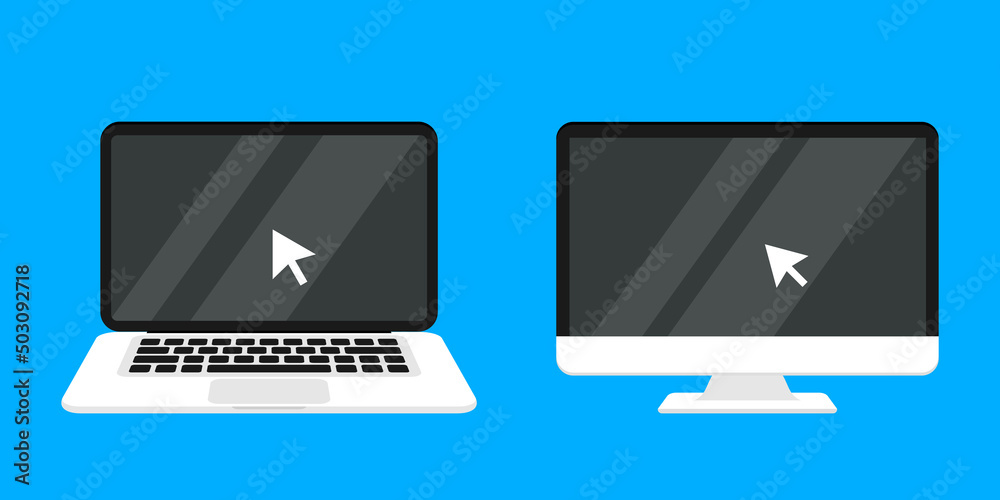 Leinwandbilder Laptop and computer with pointer or cursor icon. Click on the devices. Device with click cursor. Notebook screen. Monitor for graphic design. Touch here for link to websites. Arrow with touch button