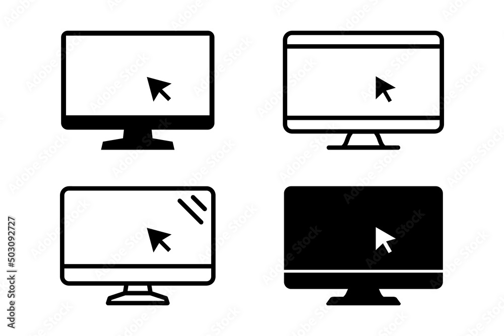 Fototapete Set of laptop vector icons on differents style with pointer or cursor icon. Notebook screen. Monitor icon for graphic design projects. Computer monitor with blank screen. Display with clicking mouse