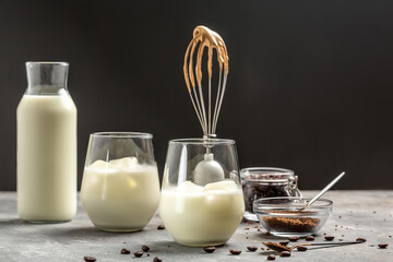 dalgona coffee, Recipe popular Korean drink latte with foam of instant coffee, banner, menu, recipe place for text