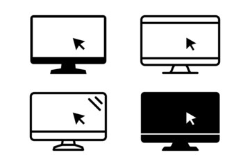 Set of laptop vector icons on differents style with pointer or cursor icon. Notebook screen. Monitor icon for graphic design projects. Computer monitor with blank screen. Display with clicking mouse