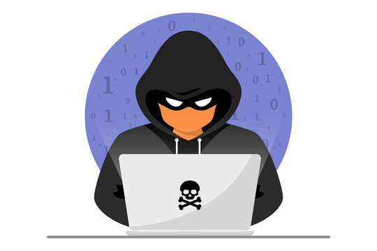 Hacker, Cyber criminal with laptop stealing user personal data. Hacker attack and web security. Internet phishing concept. Hacker in black hood with laptop trying to cyber attack. Programming Code