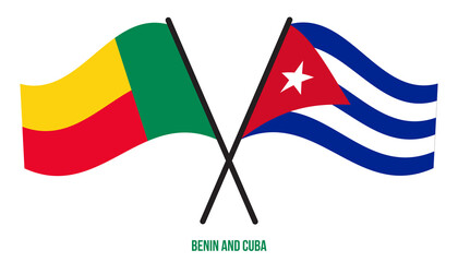 Benin and Cuba Flags Crossed And Waving Flat Style. Official Proportion. Correct Colors.