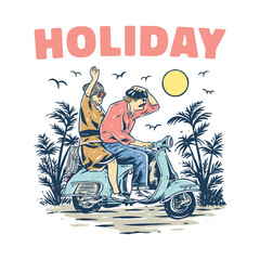 scooter couple riding illustration
