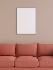 Modern and minimalist vertical black poster or photo frame mockup on the wall in the living room. 3d rendering.