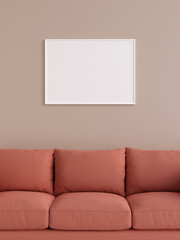 Modern and minimalist horizontal white poster or photo frame mockup on the wall in the living room. 3d rendering.