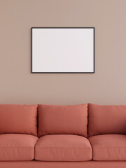 Modern and minimalist horizontal black poster or photo frame mockup on the wall in the living room. 3d rendering.
