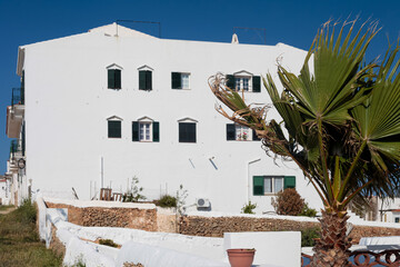 Great white house with a palm tree and a blue sky