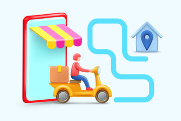 Online store with delivery, 3D illustration of the courier driving from the shop to deliver a box of product. Ordering and purchasing through the app on your phone. 3D Vector Graphics