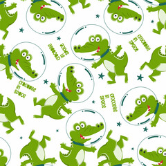 Seamless pattern of funny crocodile astronaut in space with cartoon style. Can be used for t-shirt print, Creative vector childish background for fabric textile, nursery wallpaper and other decoration
