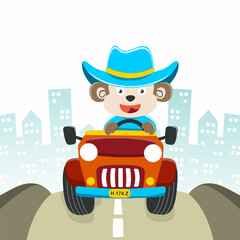 Obraz premium Cute monkey cartoon having fun driving off road car go to forest. Vector childish background for fabric textile, nursery wallpaper, card, poster and other decoration. Vector illustration.