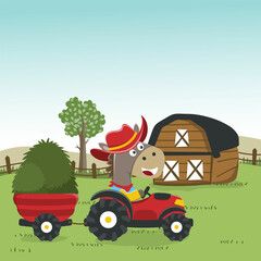 Cute horse and tractor in the farm, funny animal cartoon, Can be used for t-shirt print, kids wear fashion design, invitation card. fabric, textile, nursery wallpaper, poster and other decoration.