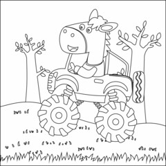 Cute little horse driving a monster car go to forest funny animal cartoon, Cartoon isolated vector illustration, Creative vector Childish design for kids activity colouring book or page. © Hijaznahwani