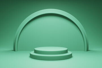 3D rendering teal colour podium or pedestal for product display background with circular shape wall decorations. 3D mockup illustration
