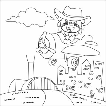 Cute little lion flying on a air plane.  Cartoon isolated vector illustration, Creative vector Childish design for kids activity colouring book or page.