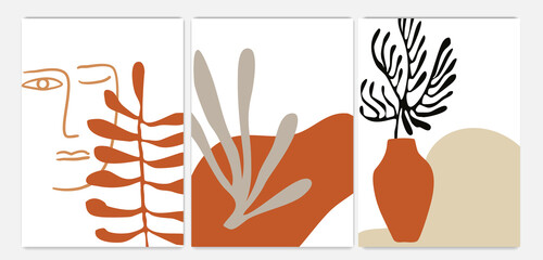 Abstract Matisse Shapes Posters set. Minimal contemporary background set bohemian aesthetic, boho minimalist wall decor. Vector art