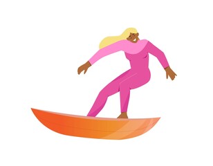 Surfer girl with surfboard riding the waves. Isolated character on white background, flat vector illustration