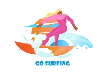 Poster with surfer girl with surfboard riding the waves. Isolated character on white background, flat vector illustration, go surfing text