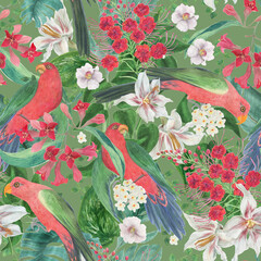 Watercolor painting seamless pattern with red australian king parrots and tropical flowers, leaves