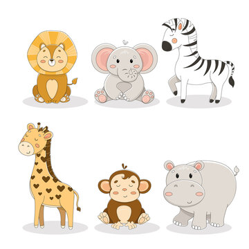 African animals in flat style isolated on white background. Vector illustration. Collection of cute cartoons: lion, elephant, zebra, giraffe, monkey, hippopotamus. Set of animals from Africa.