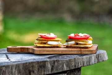 Delicious, healthy sandwiches with vegetables, egg, cheese and meat.