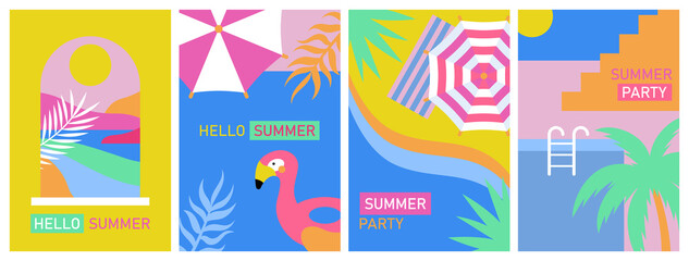 Summer poster design set. Summer vacation, beach party or pool party. Template background for brochure, banner or flyer. - obrazy, fototapety, plakaty