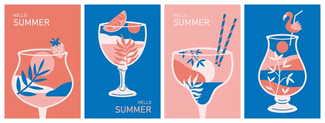 Foto op Plexiglas Modern wall art print set. Abstract cocktail glasses with sea beach landscape. Summer template for greeting card, banner, packaging, cover and social media design © girafchik