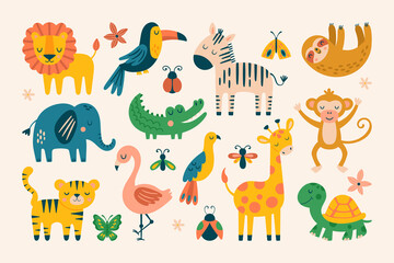 Cute jungle animals set. Childish print for cards, apparel and decoration