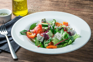 Greek Salad, Feta Cheese on Served Table, Restaurant food