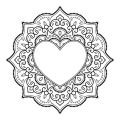 Circular pattern in form of mandala with frame in shape of heart. Decorative ornament in ethnic oriental mehndi style. Outline doodle hand draw vector illustration. Antistress coloring book page.