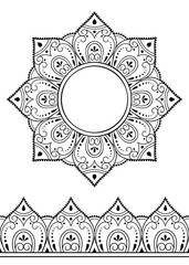 Set of mandala pattern and seamless border for Henna drawing and tattoo. Decoration in ethnic oriental mehndi, Indian style. Doodle ornament in black and white.