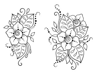 Set of Mehndi flower pattern for Henna drawing and tattoo. Decoration in ethnic oriental, Indian style. Doodle ornament. Outline hand draw vector illustration.