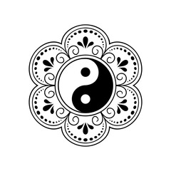 Circular pattern in form of mandala for Henna, Mehndi, tattoo, decoration. Decorative ornament in ethnic oriental style with Yin-yang hand drawn symbol. Outline doodle vector illustration.