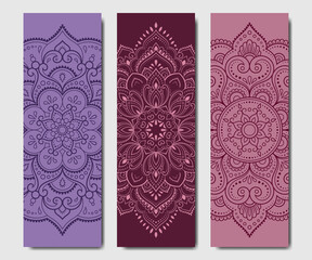 Set of design yoga mats. Floral and mandala pattern in oriental style for decoration sport equipment. Colorful ethnic Indian ornaments for spiritual serenity. Decor of business card, poster, print.