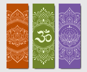 Set of design yoga mats. Lotus floral pattern, OM in oriental style for decoration sport equipment. Colorful ethnic Indian ornaments for spiritual serenity. Decor of card, poster, print.